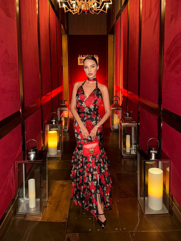 Valentina Floral Halter Maxi Dress – Red Ruffle Evening Dress